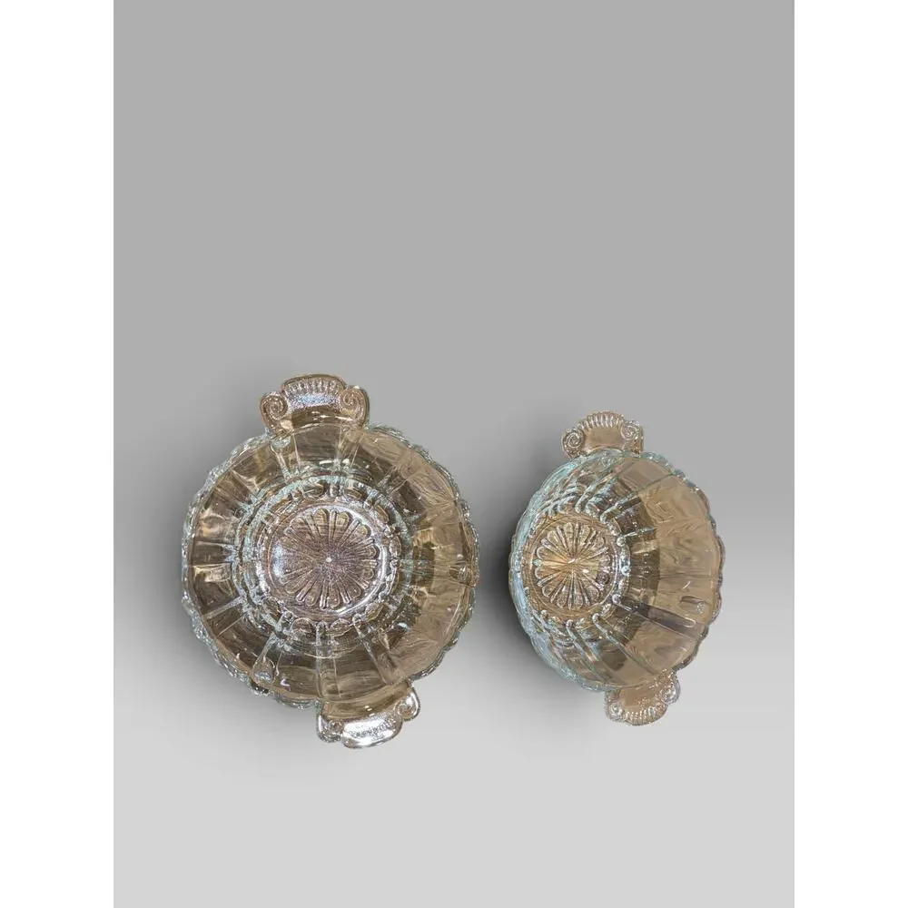 Set of 2 Vintage Anchor Hocking Old Cafe Clear Depression Glass Handled Bowls